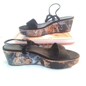 Stuart Weitzman Black Suede Leather Paint Splattered Cork Platform Sandals SZ 9